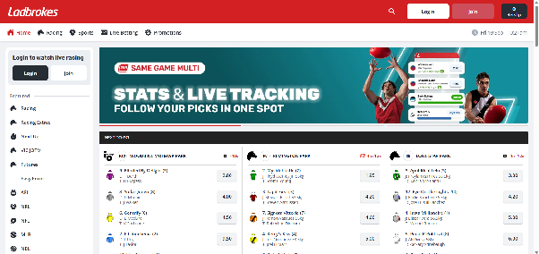 Ladbrokes mobile app interface showing the home screen, betslip, and live streaming carousel