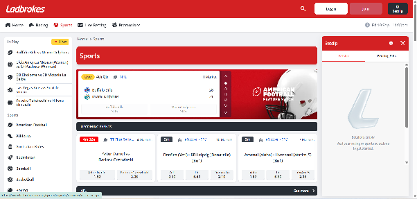 Ladbrokes sports page highlighting AFL and eSoccer matches with live odds