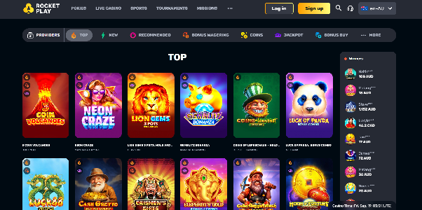 RocketPlay game lobby featuring hold-and-win pokies, jackpots, and filtering tools for providers and volatility