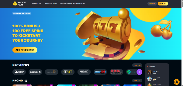 RocketPlay homepage showcasing the welcome bonus carousel, payment highlights, and navigation to pokies, live games, and tournaments