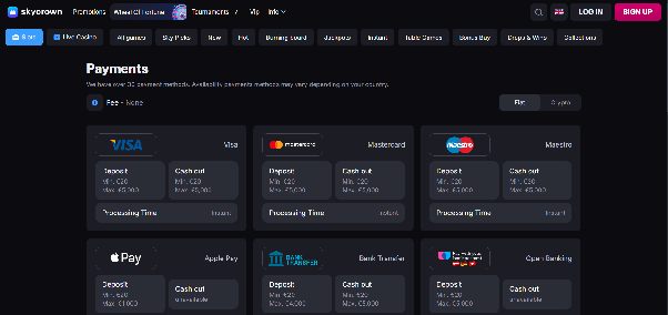 SkyCrown payments dashboard highlighting instant card deposits, e-wallets, and cryptocurrency options