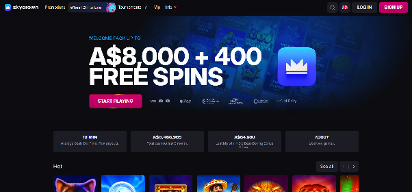 SkyCrown homepage showing an A$8,000 welcome pack, featured promotions, and popular games