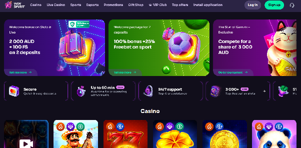 WinSpirit homepage highlighting welcome bonuses, fast payouts, and navigation to casino, live games, and sports